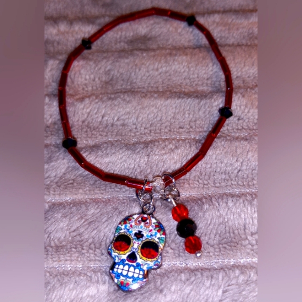 Handcrafted Sugar Skull stretch glass beaded bracelet.